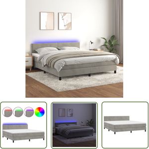 The Living Store Boxspring met matras en LED fluweel lichtgrijs 180x200 cm - Boxspring Bed - Velvet Bed - Led Bed - King Size Bed - Tweepersoonsbed