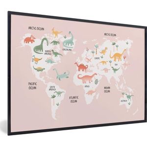 Wereldkaart - Kinderen - Dinosaurus - Schoolplaat - Kinderkamer - 90x60 cm