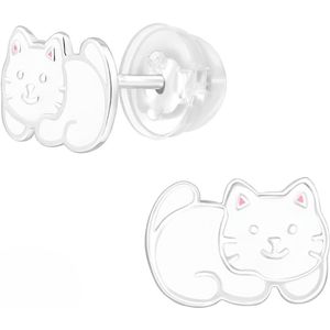 Joy|S - Zilveren kat poes oorbellen - 9.3 x 6.5 mm - wit met roze oortjes - kinderoorbellen - extra zachte sluiting (vlindersluiting met siliconen omhulsel)