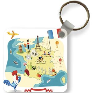 Sleutelhanger - Een illustratie van een cartoonachtige kaart van Frankrijk in Europa - Plastic - Rond - Uitdeelcadeautjes