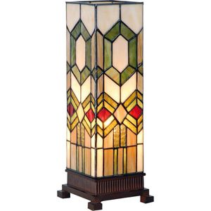 LumiLamp Tiffany Tafellamp 12x35 cm Groen Bruin Glas Vierkant Tiffany Bureaulamp