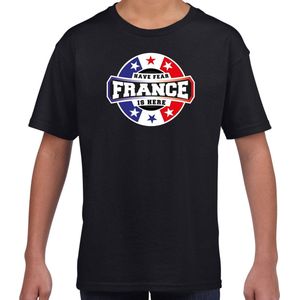 Have fear France is here t-shirt met sterren embleem in de kleuren van de Franse vlag - zwart - kids - Frankrijk supporter / Frans elftal fan shirt / EK / WK / kleding 122/128