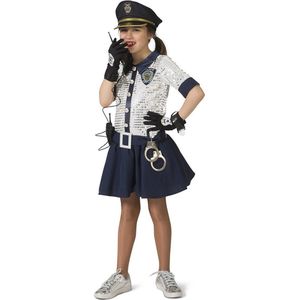 Funny Fashion - Politie & Detective Kostuum - Hoofdinspecteur Van Politie Pailletten - Meisje - Blauw, Wit / Beige - Maat 140 - Carnavalskleding - Verkleedkleding