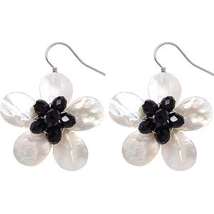 Parelmoeren oorbellen White Shell Flower Black Crystal - oorhangers - parelmoer - wit - zwart - stras steentjes - bloem- sterling zilver (925)