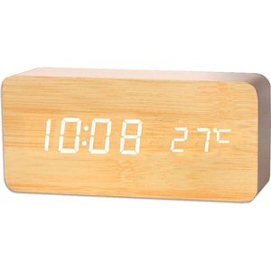 Houten wekker – Alarm Clock – Rechthoek groot - Beige kleur – Reiswekker - Tijd datum temperatuur weergave – Sound control - Dimbaar – LED display – Gratis Adapter - Draadloos met batterijen