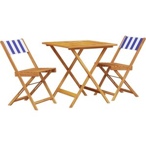 vidaXL 3-delige Bistroset - Hout en Stof - Blauw/Wit Tuin Set - Bistro Set - Acacia Hout - Buitendecoratie - Terrasdecoratie