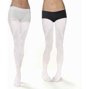 Bloem wijnstok netkousen kant uitgehold patroon panty's sexy hollow out panty's doorschijnend ultra dunne panty kousen fijne panty dunne stijl binnenkant capuchon sokken (wit) - One