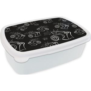 Broodtrommel Wit - Lunchbox - Brooddoos - Camera - Patronen - Zwart Wit - 18x12x6 cm - Volwassenen