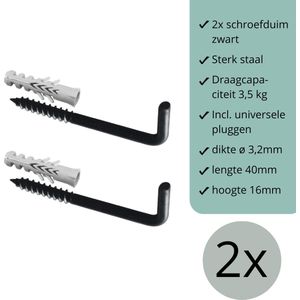 Schroefduimen Zwart - 2 stuks - 40mm x 16mm x ø3,2mm (schroef haak - schroef duim - ophang haak - wand haak)