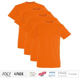 4 Pack Sol's Heren T-Shirt 100% biologisch katoen Ronde hals Oranje Maat XL