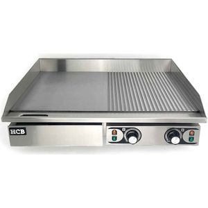 HCB® - Professionele Horeca Bakplaat 1/2 geribbeld - 73 cm - 2 x 230V - RVS - Electrisch Grill apparaat - 73x47x25 cm (BxDxH)