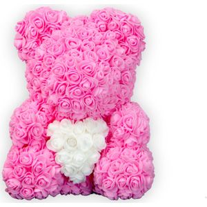 Rozenbeer Roze met Wit Hart XL 40 cm met giftbox Teddy Beer - Rozen | Roos | Bloemen | Valentijn | Valentijnsdag | Valentijnscadeau | Liefde | 40CM | Babyshower | Geboorte | Rozen beer | Inclusief Giftbox I Moederdag