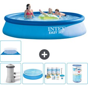 Intex Rond Opblaasbaar Easy Set Zwembad - 396 x 84 cm - Blauw - Inclusief Pomp Solarzeil - Onderhoudspakket - Filter - Grondzeil - Stofzuiger