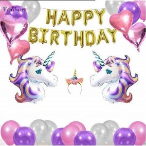 Mooie verjaardag versiering Eenhoorn / unicorn set - Happy Birthday - Met gouden Happy Birthday slinger