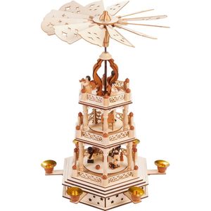 BRUBAKER Kerstpiramide - 3-tier Roterende Houten Piramide - Kerstdecoratie met 3 Etages - 44 cm Hoog - Handgeschilderde Figuren Kerst - Natuur Bruin