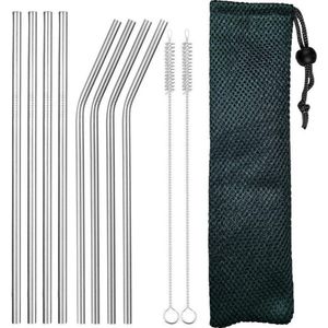 Fako Bijoux® - RVS Rietjes Set - 8 Herbruikbare Rietjes - 4 Recht en 4 Gebogen - 21 cm - Duurzaam en Stijlvol - Incl 2 Schoonmaakborstels en Mesh Zakje - Army Groen