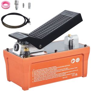 Luchthydraulische Pomp, 10.000 PSI, Reservoir van 1/2 Gallon, Uitlaat van 3/8 Inch NPT, Inlaat van 1/4 Inch NPT, Slang van 6,6 Voet, Voetbediend, Geschikt voor Carrosseriemachines en Trekstangen, Oranje