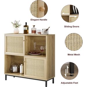 Koffiebar Kast - Dressoir - Opbergkast - Rotan Kast - webbing kastjes - 100x30x94 CM - Schuifdeurtjes - In Hoogte Verstelbare Pootjes - Zwarte Poten