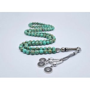 Handgemaakte tesbih ""Tasbih"" natuursteen "" Groen howliet gesponnen goud "" - Aantal kralen 99 - Diameter kralen 8MM - met metaal tassel ""Omarmen"" - Een mooi cadeau-idee