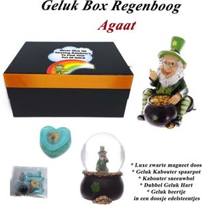 Cadeaubox Liefde en Geluk - Geluk Box Regenboog - Ierse geluk kabouter - leprechaun - edelstenen - Geluk kabouter sneeuwbol - Agaat edelsteen hart - luxe geschenkdoos