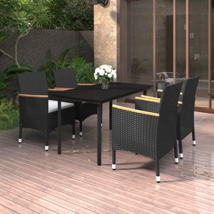 The Living Store Eethoek - Acaciahouten tafel en PE-rattan stoelen - 140x70x74 - Zwart/Crèmewit