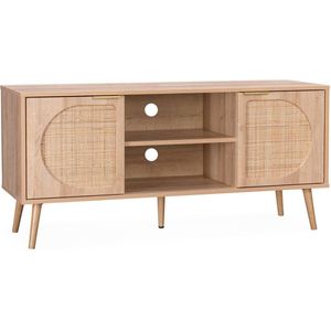 sweeek - Tv-meubel, eva, houtdecor en afgerond riet, 2 deuren, 1 plank l120 x b39 x h56,5cm