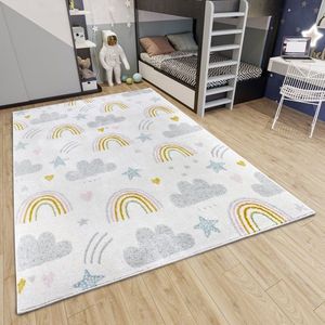 Flycarpets Adventures Creme / Kleurrijk Kindervloerkleed Wolken - Vloerkleed Kinderkamer / Babykamer - Speeltapijt / Speelkleed - 160x235 cm