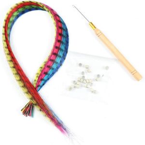 Kleurrijke veren-haarverlengingsset voor kinderen - haarstrengen met parels en tangHaarhaarextensies - haken voor paardenstaart vlechtenHaarhaarstukje - clip haarverlenging (10 stuks)