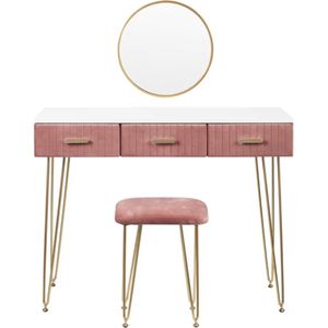 J&R Kaptafel met kruk en spiegel - Set - Make-up tafel - Roze - Fluweel - 3 Lades - Tafel Meubelen - 1 Meter