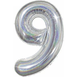 Ballon Cijfer 9 Jaar Zilver Helium Ballonnen Verjaardag Versiering Zilveren Feest Versiering Met Rietje Glitter - 86Cm