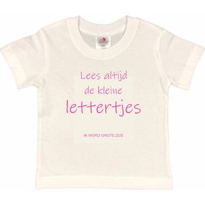 Shirt Aankondiging zwangerschap ""Lees altijd de kleine lettertjes (ik word grote zus)"" | korte mouw | Wit/roze | maat 122/128 zwangerschap aankondiging bekendmaking Baby big bro Sis Sister