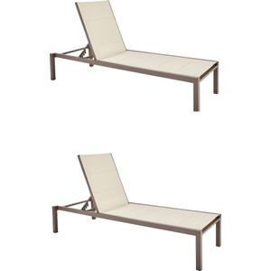 NATERIAAL - Set van 2 ligstoelen AQUILA - 2 tuinstoelen met wielen - belastbaar tot 160 kg - 200x75x36 cm - stapelbaar - ligstoelen - aluminium - textileen - moka