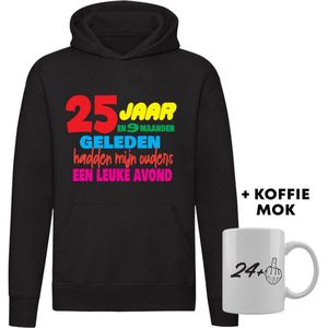 25 jaar Hoodie + Koffie Mok - verjaardag - jarig - feest - 25e verjaardag - grappig - cadeau - unisex - trui - sweater - capuchon
