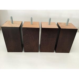 Set van 4 stuks houten Boxspring Bedden Meubelpoten Wengé (donker bruin) Beuken 13 cm hoogte 7x7 cm met M8 draadeinde Boxspring bedden banken