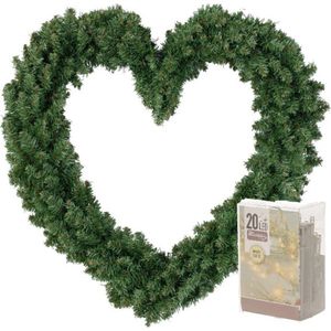 Everlands Kerstkrans - hart - groen - 50 cm - inclusief verlichting