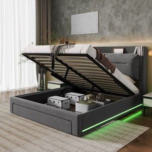 LED-licht gestoffeerd bed, 160*200, hydraulisch bed, 2-in-1 opberglades aan het voeteneinde van het bed, verzonken LED-lichtstrips aan beide zijden van het bed, lattenbodem, zonder matras, fluweel, donkergrijs