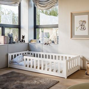 Kinderbed Vloerbed 140x200 cm met matras, uitvalbescherming & lattenbodem Montessoribed Kinderbed Jeugdbed Eenpersoonsbed | wit andere maten 80x160 | 90x200 | 120x200 cm