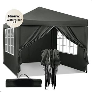 Qualytents - Partytent Premium - Easy up - 3 x 3m - Paviljoen met Zijpanelen - Opvouwbaar - Waterdichte Tent - In Hoogte Verstelbaar - Zwart - Vernieuwd dak