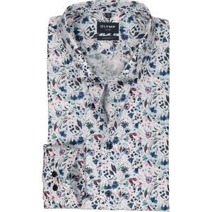OLYMP modern fit overhemd - popeline - wit met blauw en roze bloemen dessin - Strijkvrij - Boordmaat: 39