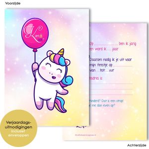 BC010 - 8 uitnodigingen inclusief enveloppen - uitnodigingen kinderfeestje meisje - meidenfeestje - Eenhoorn Regenboog - Uitnodiging verjaardag - Uitnodigingskaarten - Unicorn - Kinderuitnodigingen - kinderfeestje - invulkaarten - Uitnodiging