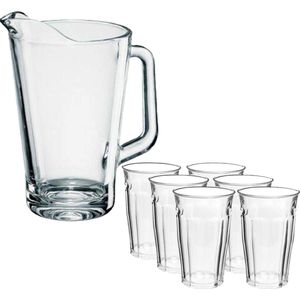 Glazen karaf/schenkkan van 1,5 liter met 6x stuks drinkglazen/waterglazen 360 ml