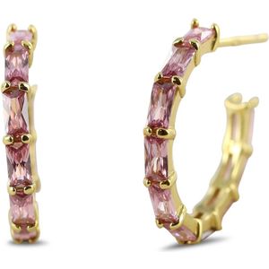 Silvent 9SIL-22604 Zilveren Halve Oorringen met Zirkonia - Dames - 18 mm Doorsnee - 18 x 2,8 mm - Baquette - Roze - Zilver - Gold Plating (Verguld/Goud op Zilver)