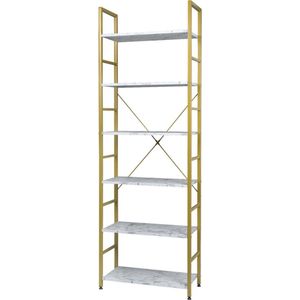 Boekenkast Industrieel - 6 Lagen - Wit/Goud - Marble Look - 60x28x180cm