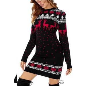Kerstjurk Dames Gebreide Trui - Foute Kerstjurk Voor Feestdagen - Winterse Kerstoutfit Met Sneeuwvlokken En Print