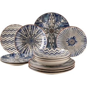 Blue 12-delig tafelservies voor 4 personen in Moorse stijl, bordenset met verschillende vintage patronen in wit en blauw, steengoed