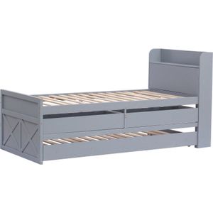Jeugdbed 90x190cm Houten bed (zonder matras) met USB Grijs Grenen Met trekbed