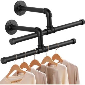 industriële buis kledingstangen, 51 cm kledingrek voor aan de muur, rustieke kledingopslag, ruimtebesparend wandrek, keukenrek, eenvoudige montage, voor kleine kamers, 2-pack