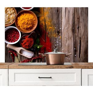 Spatscherm keuken 120x80 cm - Kookplaat achterwand Kruiden - Specerijen - Hout - Lepel - Bruin - Muurbeschermer - Spatwand fornuis - Hoogwaardig aluminium