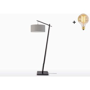 Vloerlamp – ANDES – Zwart Bamboe Voetstuk (h. 176 cm) - Lichtgrijs Linnen - Met LED-lamp