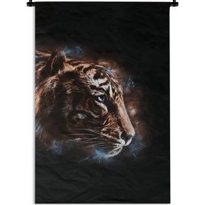 Wandkleed TijgerKerst illustraties - Magisch beeld met de kop van een tijger op een zwarte achtergrond Wandkleed katoen 60x90 cm - Wandtapijt met foto
